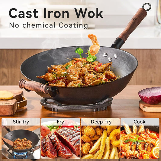 WANGYUANJI Cast Iron Wok Pan 14.2" Large Wok Stir Fry Pan Flat Bottom Wok with Lid and Wood Handle, Suitable for All Cooktops, Uncoated Craft Pot Healthy Cooking Pot