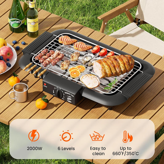 Electric BBQ Grill, Smokeless Non-Stick Indoor/Outdoor Barbecue Grill, 2000W Double Tube High Power Portable Removable Stand Grill for BBQ Party (Elegant Black)