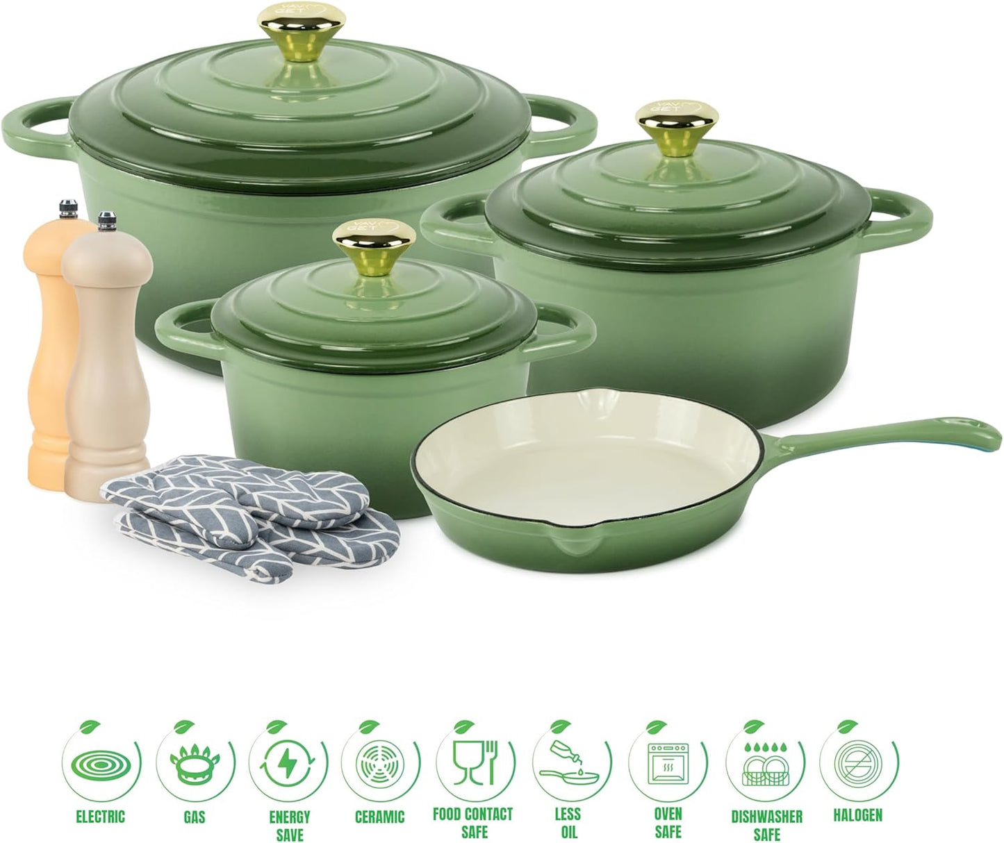 Healthy and Safe, Non-Stick Enameled 7-PCS SET of Cast Iron Dutch Oven Cookwares. Set Includes: 24Cm Dutch Oven Fry Pan, 18Cm, 21Cm, 24Cm Dutch Oven Cookwares with Lids, Gloves and Mills.