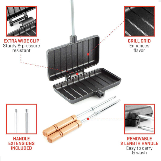 Uno Casa - XL Pie Irons Cast Iron Sandwich Maker - Mountain Japanese Sandwich Maker with Recipe Book - Durable Campfire Cooking Equipment for Toasted Pies, and More