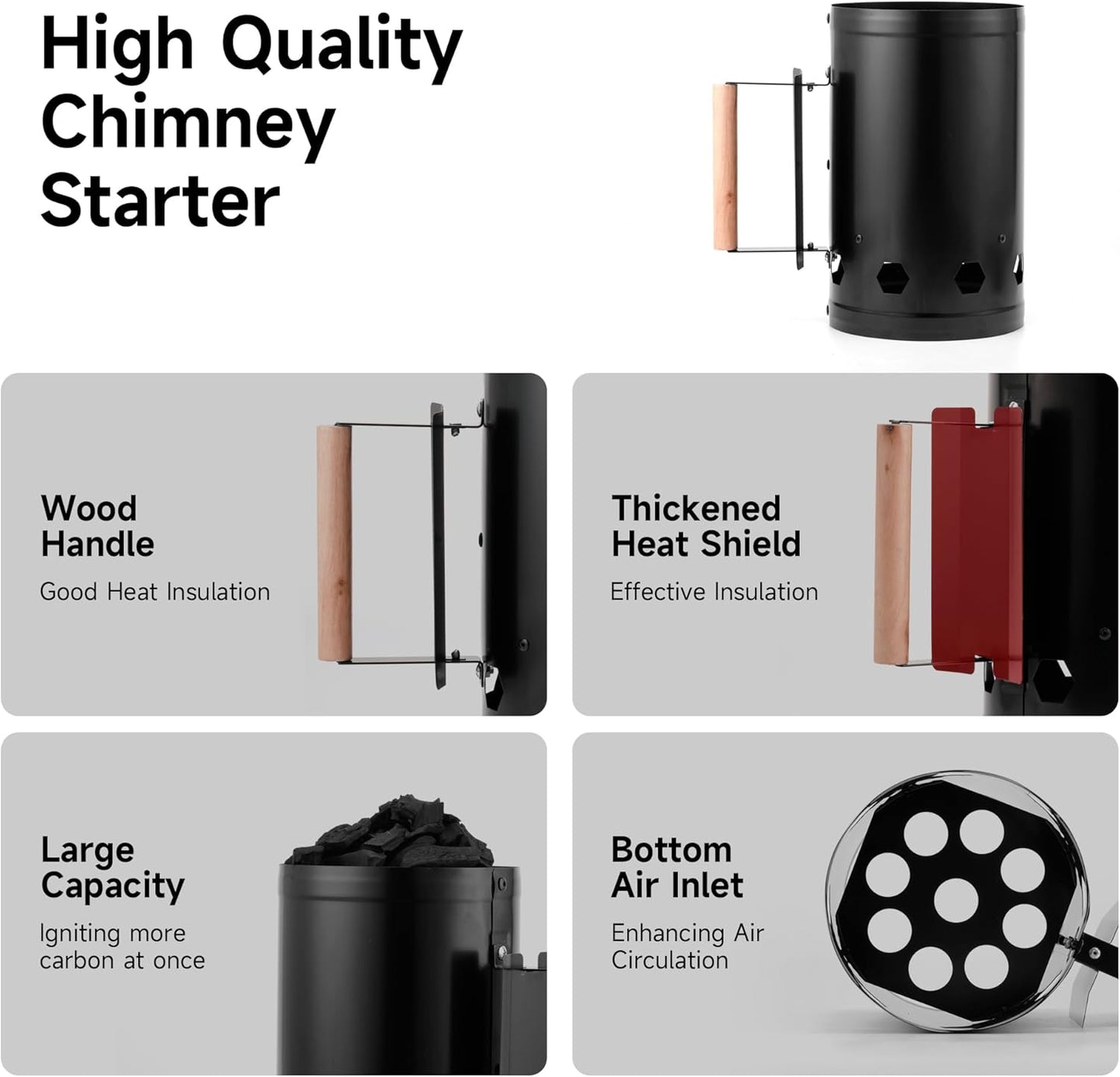 Charcoal Chimney Starter, Heavy Duty Premium Chimney Starter for Charcoal Grills BBQ Accessory with Heat Resistant Wooden Handle for Outdoor Grill Camping (Black)