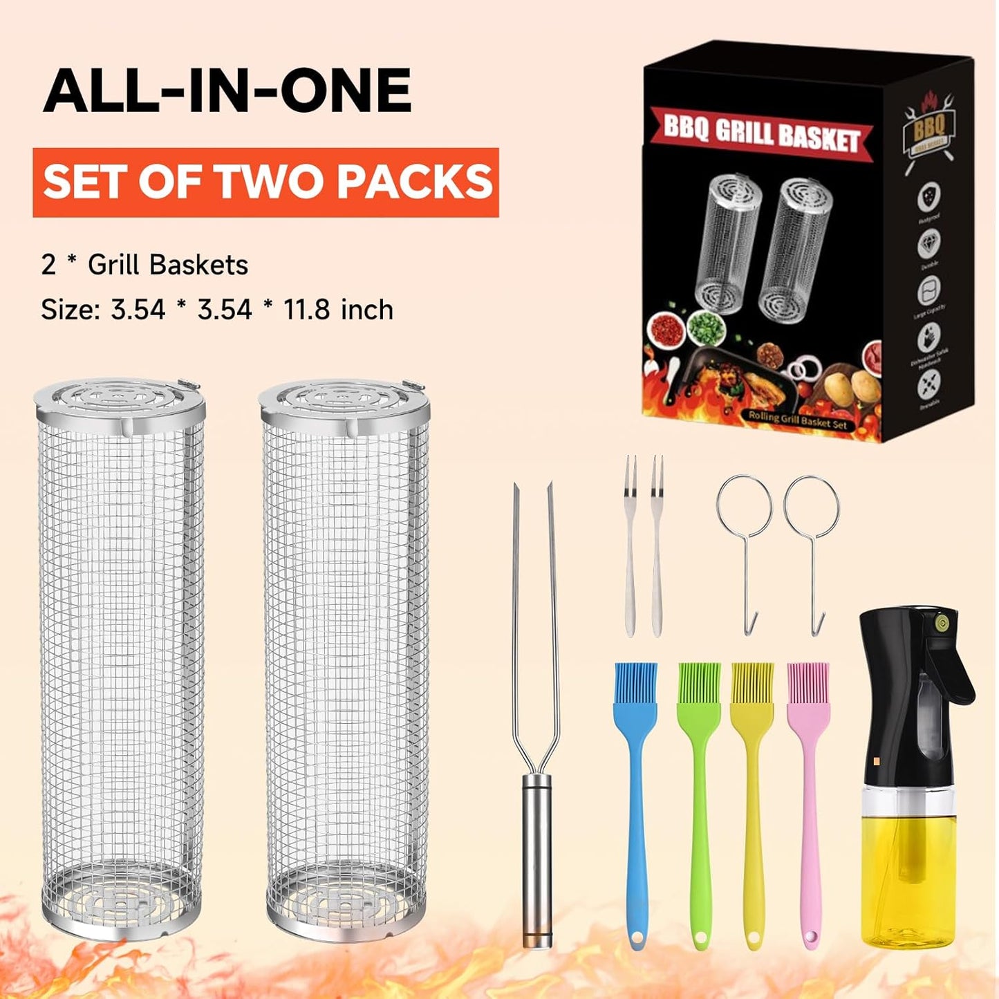 BBQ Basket 2 PCS, Stainless Steel Rolling Grill Mesh for Fish, Shrimp, Meat, Vegetables, Fries - Portable Barbeque Accessories for Outdoor Grilling