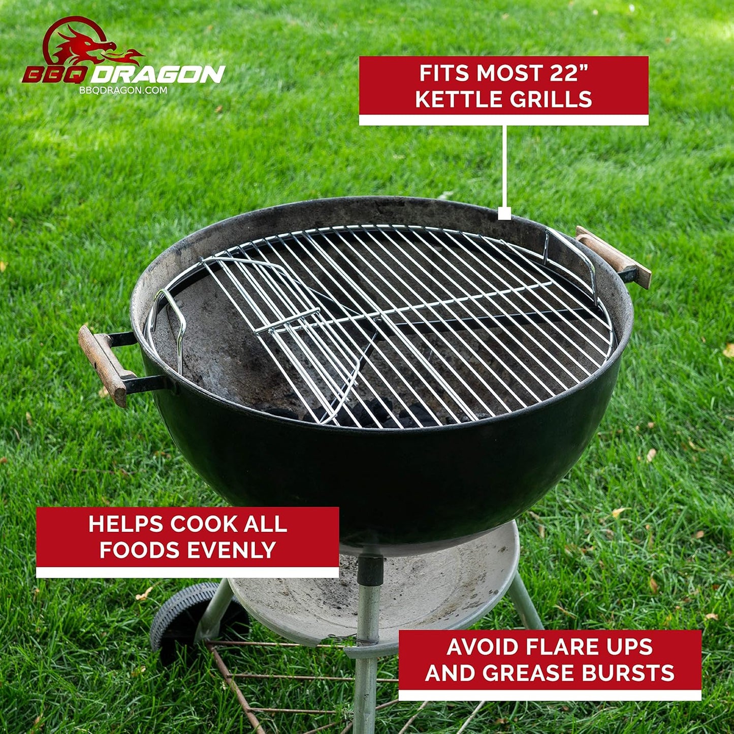 BBQ Dragon 22 Inch Rotating Grill Grate – Hinged Cooking Surface for Easy Charcoal Access – Heavy Duty 360° round Rotating Grate Replacement – Fits Weber Kettle & Other Charcoal Grills