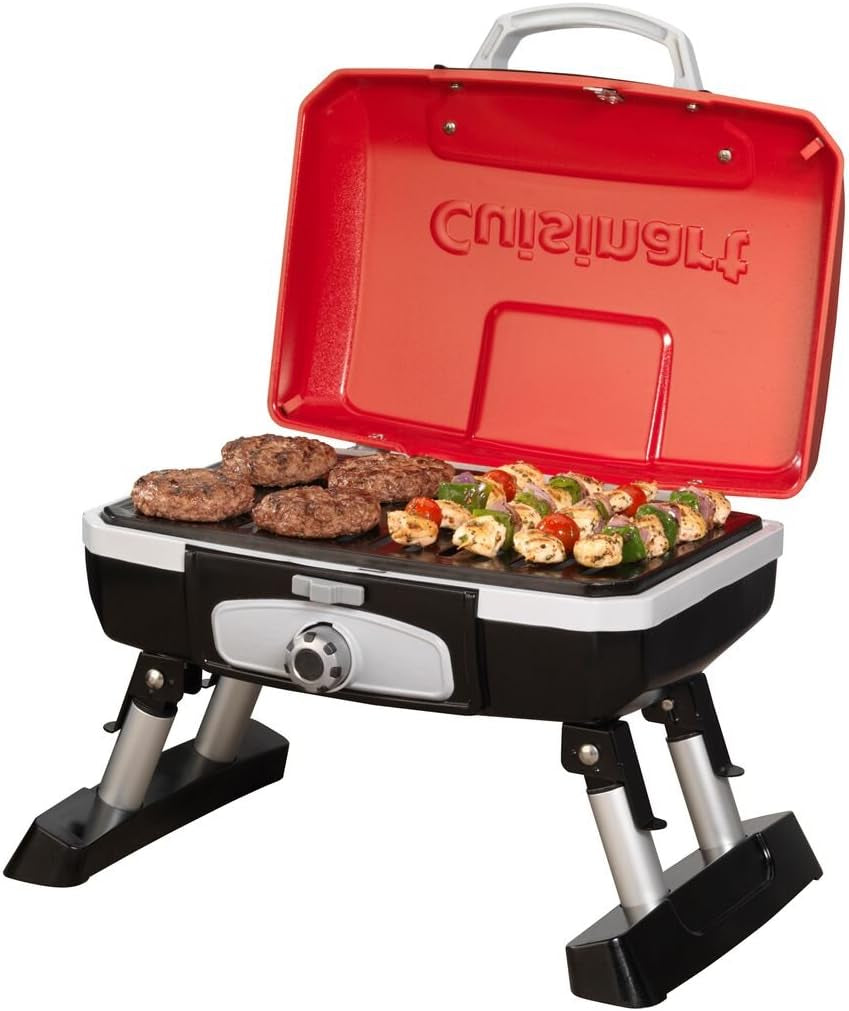 Cuisinart Petite Gourmet Portable Gas Grill, Compact & Lightweight Tabletop Small Grill for Bbqs, Camping, Tailgates & Small Spaces, 5,500 BTU Burner Folding with Carry Handles, Red