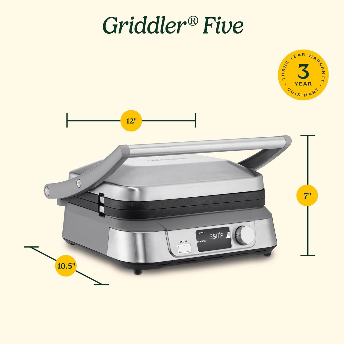 Cuisinart GR-5BP1 Electric Griddler FIVE, Enjoy 5-In-1 Functions, LCD Display, Wide Temperature Range and Sear Function, Stainless Steel