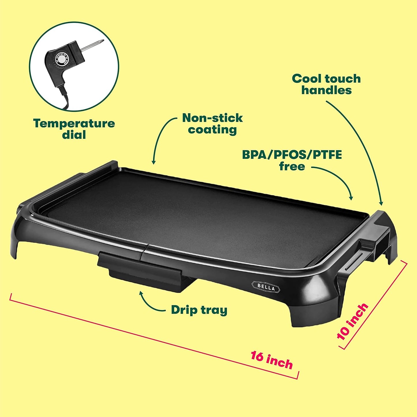 BELLA Electric Griddle with Crumb Tray - Smokeless Indoor Grill, Nonstick Surface, Adjustable Temperature Control Dial & Cool-Touch Handles, 10" X 16", Black