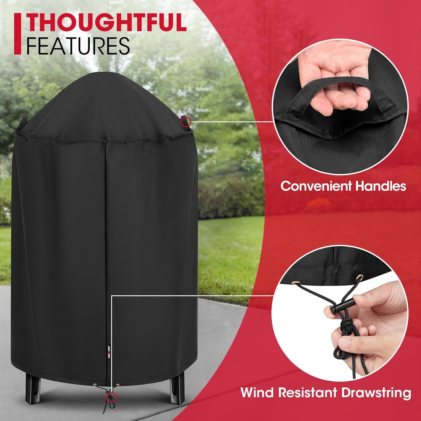 Unicook round Smoker Cover 30 Inch, Heavy Duty Waterproof Charcoal Kettle BBQ Grill Cover, Fade Resistant Barrel Protector, Fits Weber Char-Griller Akorn Kamado and More, 30" Dia X 36" H