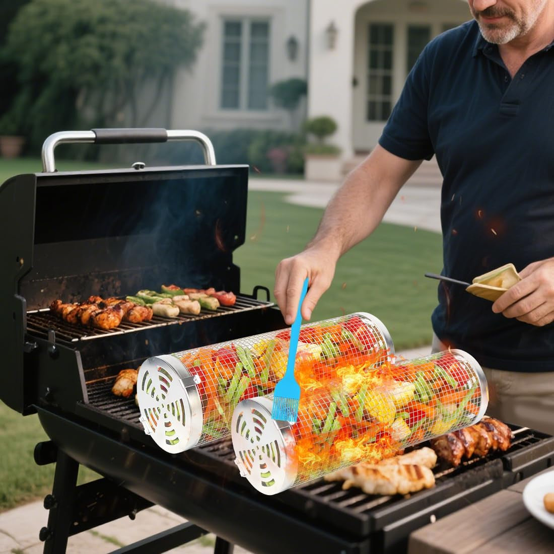 Rolling Grilling Baskets 2 PCS, Stainless Steel BBQ Net Tube Baskets with Oil Sprayer BBQ Accessories Tools for Vegetable Fish Meat Food Camping, Gifts for Men Dad and Husband