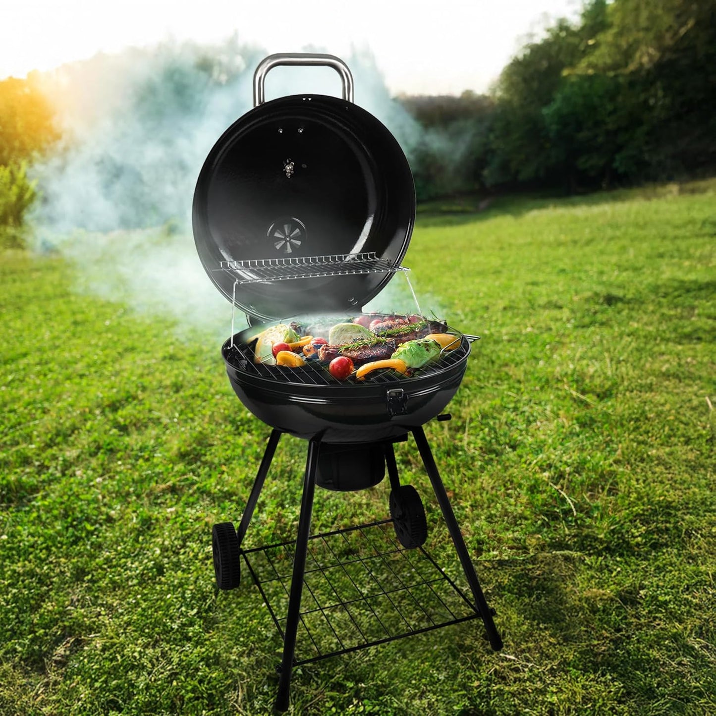 Grill Boss 22 Inch Kettle Charcoal Grill, Porcelain Steel Lid, Large Cooking Area, Black