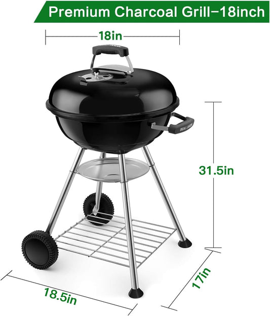BEAU JARDIN 18 Inch BBQ Charcoal Grill for Outdoor Cooking Portable Smoker Camping Barbecue Coal Kettle Heat Preservation Dual Venting System Heavy Duty with Thickened Wheels for Small Patio Backyard
