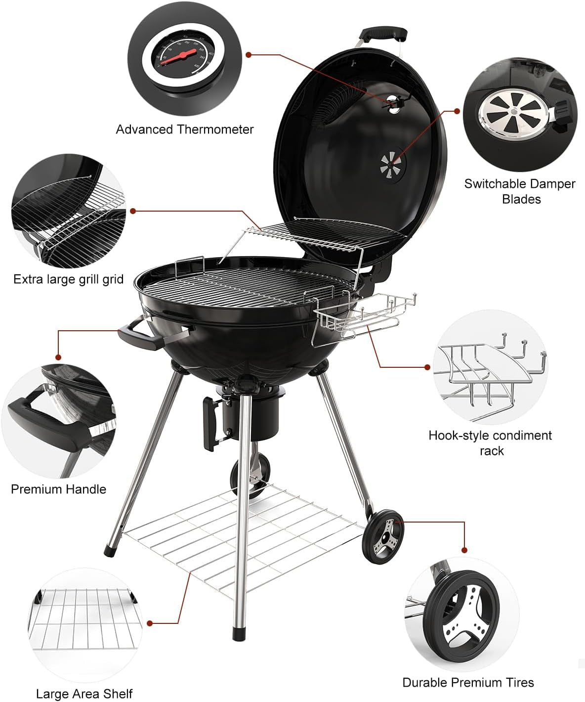 22 Inch Premium BBQ Charcoal Grill, Outdoor Barbecue Kettle Grill, Smoker Grills over 500 Square Inches 2-Tier Cooking Space, Perfect for Outdoor BBQ Party and Patio, Black