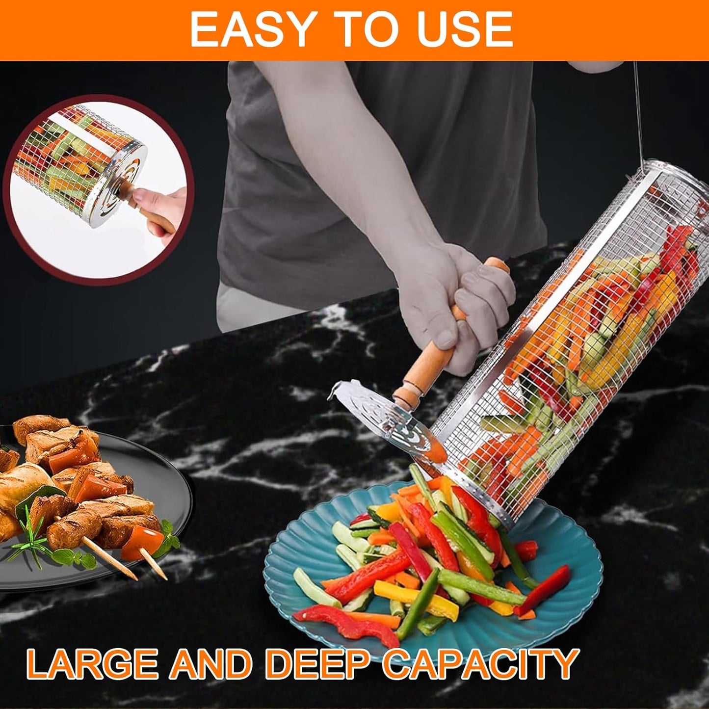 Rolling Grilling Baskets for Outdoor Grill 2 Pcs,Removable Wooden Handle,Perfect Gifts for Men Dad Husband,Portable Camping Nesting Grill Baskets for Fish, Shrimp, Meat, Vegetables