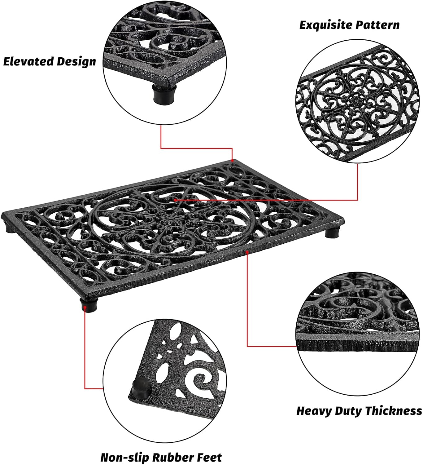 Sumnacon 2Pcs Rectangle Cast Iron Trivet - Heat Resistant Iron Trivet for Hot Dish Pot Pan Plate Teapot, Rustic Cast Iron Hot Dish Plate Holder for Kitchen Dining Table Countertop Cooktop