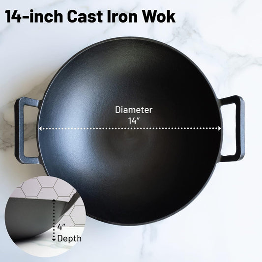 Backcountry Iron 14 Inch Cast Iron Wok with Flat Base and Handles