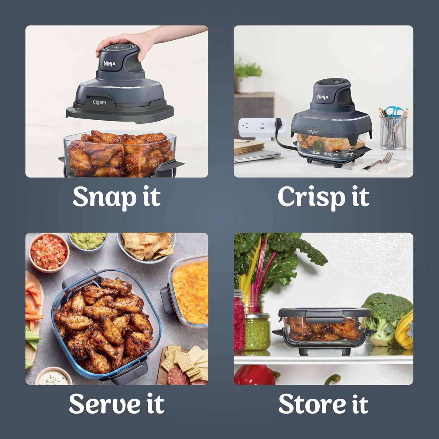 Ninja Crispi 4-In-1 Portable Glass Air Fryer Cooking System, 1500W, 4QT & 6-Cup Tempware Glass Containers with Storage Lids, Microwave, Freezer & Dishwasher Safe, Cyberspace Gray, FN101GY