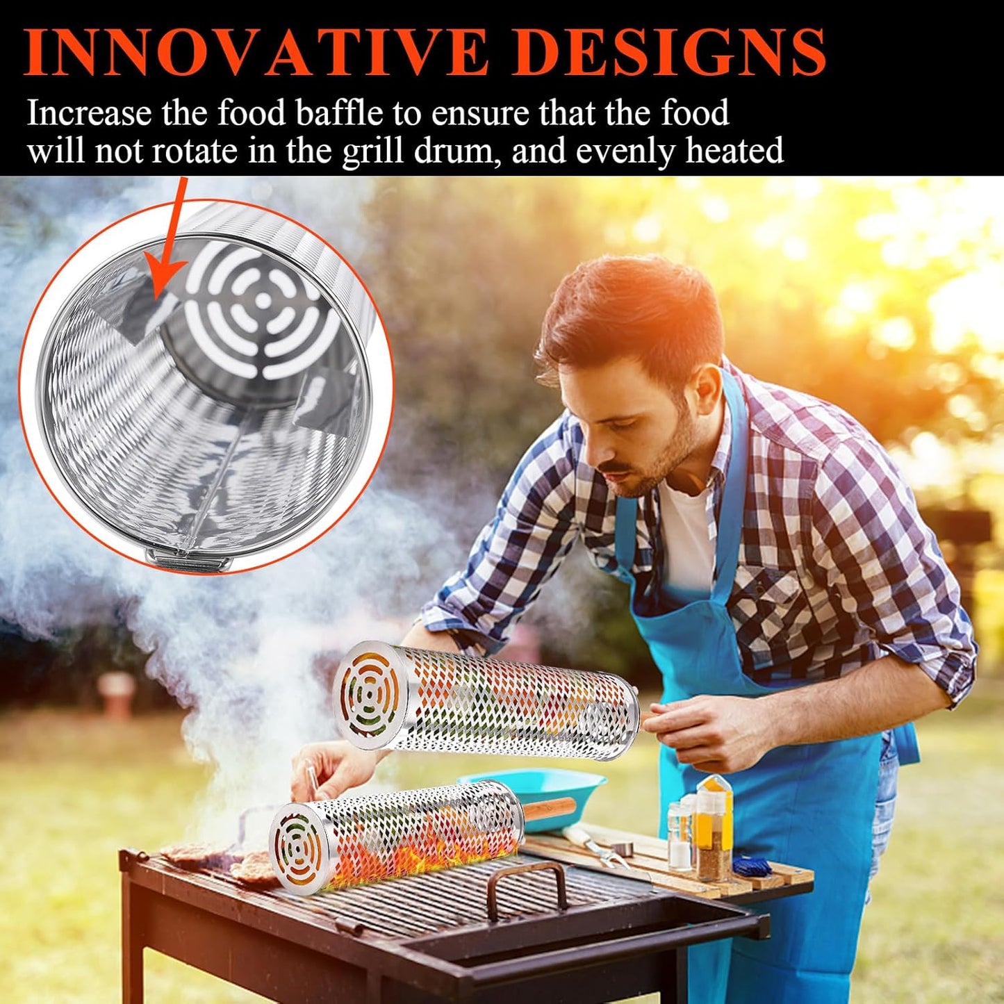 Rolling Grill Baskets(2 PCS),304 Stainless Steel with Removable Wooden Handle, Rolling Grilling Net for Vegetables, Shrimp, Fish, BBQ Accessories for Outdoor Cooking, Camping, Birthday Gifts for Men, Dad, Husband