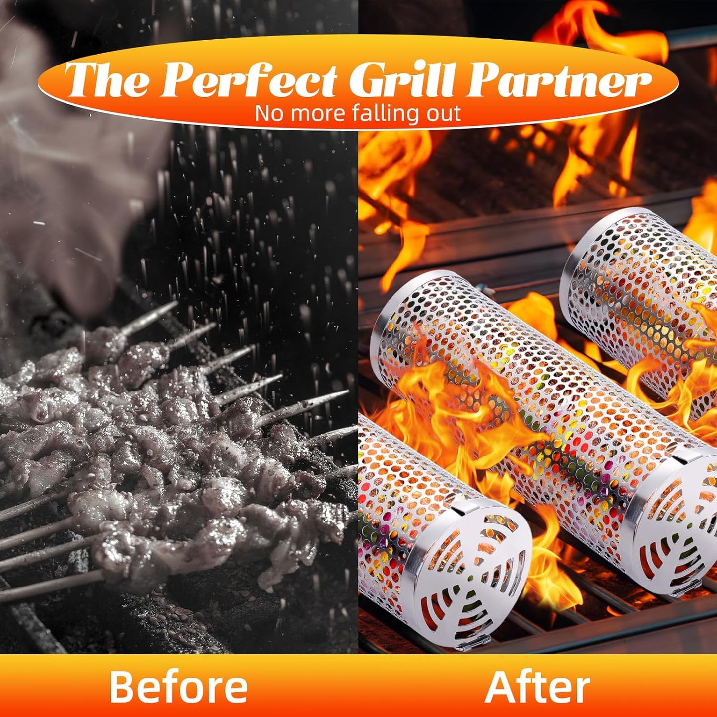 Grill Basket for Outdoor Camping,Bbq Grill Basket, Rolling Grilling Basket, Stainless Steel Grill Mesh Barbeque Grill Accessories, Portable Grill Baskets for Fish, Meat, Gifts for Men Dad Husband