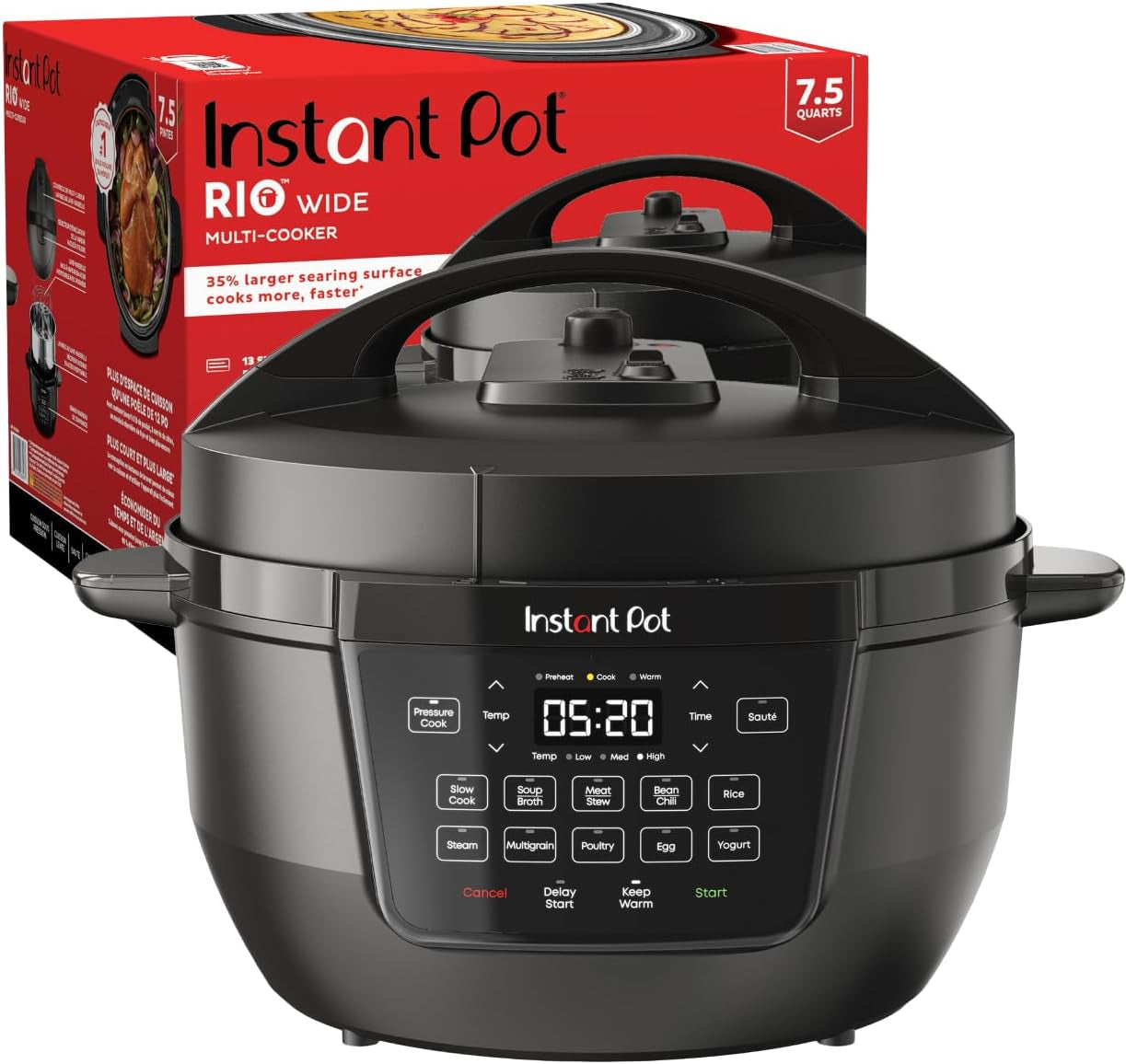 Instant Pot RIO Wide Base, 7.5 Qt, Large Searing Base, Whisperquiet Steam Release, 7-In-1 Multi-Cooker, Pressure, Slow, Rice, Steamer, Sauté, Yogurt & Warmer