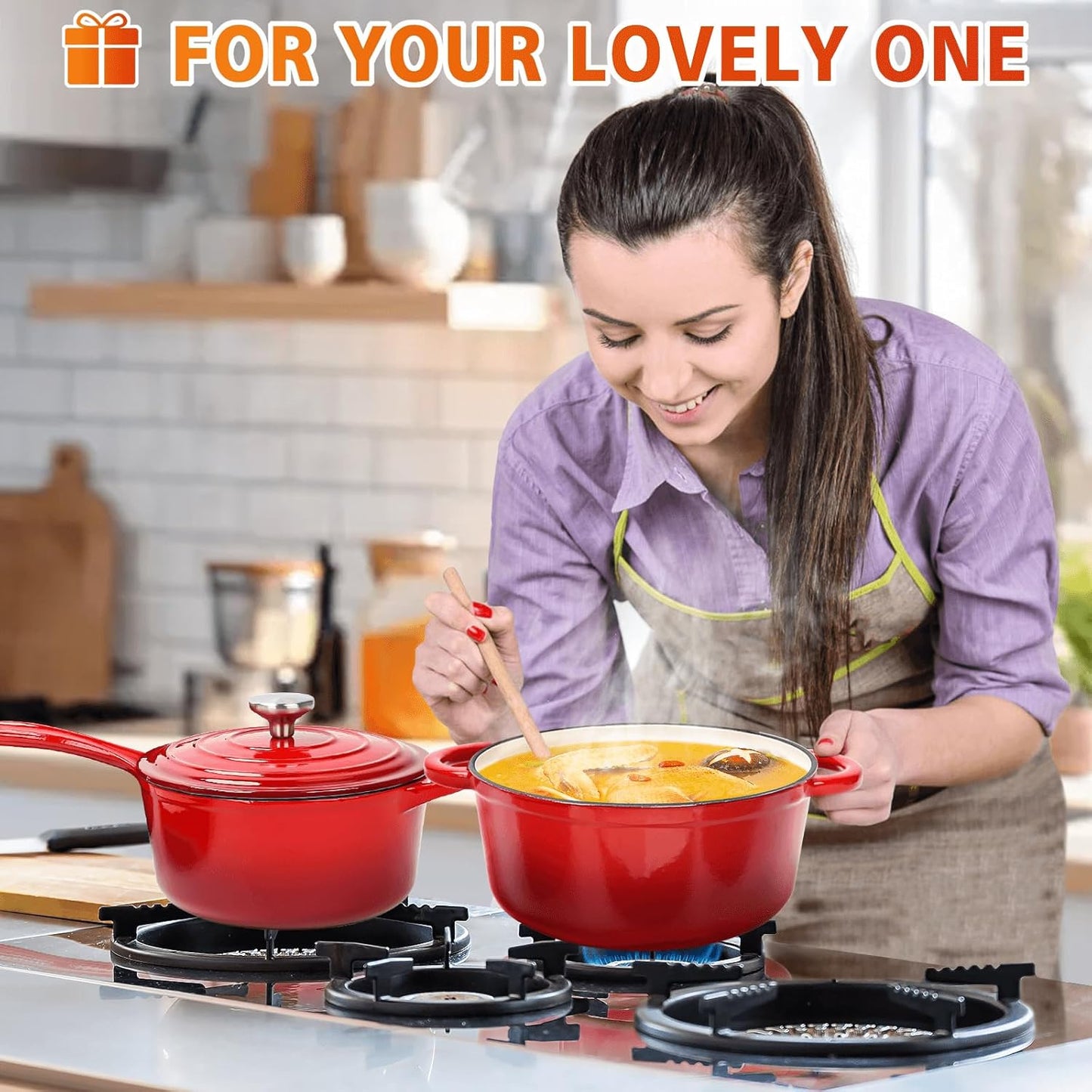 Hisencn Enameled Cast Iron Cookware Set - 7 Piece Set of Dutch Ovens, Sauce Pan, Skillet, 3 Lids, Dutch Oven Set, Ceramic Coated Cast Iron, Heavy Duty, Gas/Induction Compatible, PFA Free (Rouge Red)