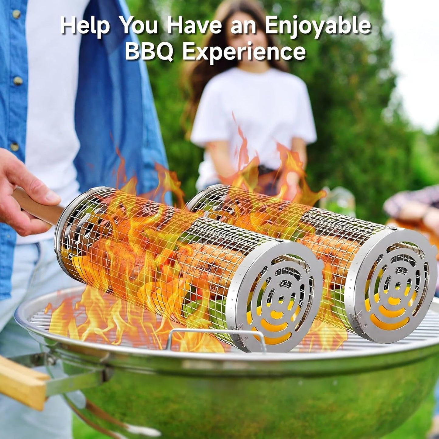 2 PCS Rolling Grilling Baskets for Outdoor Grill BBQ, Stainless Steel Cylinder Grill Mesh Barbeque Grill Accessories, Outdoor round BBQ Stainless Steel Grill Basket Campfire Grill Grid