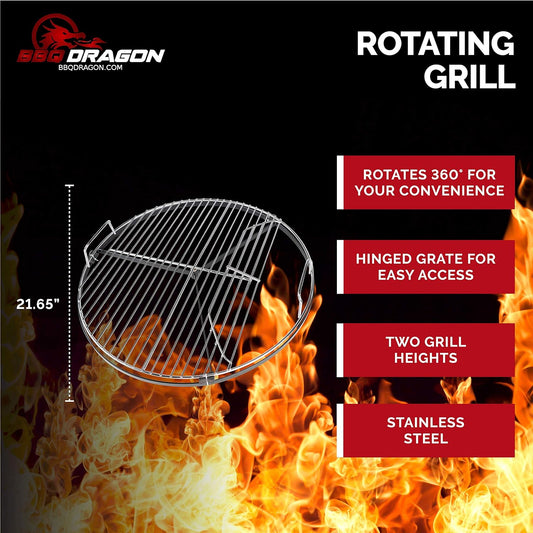BBQ Dragon 22 Inch Rotating Grill Grate – Hinged Cooking Surface for Easy Charcoal Access – Heavy Duty 360° round Rotating Grate Replacement – Fits Weber Kettle & Other Charcoal Grills