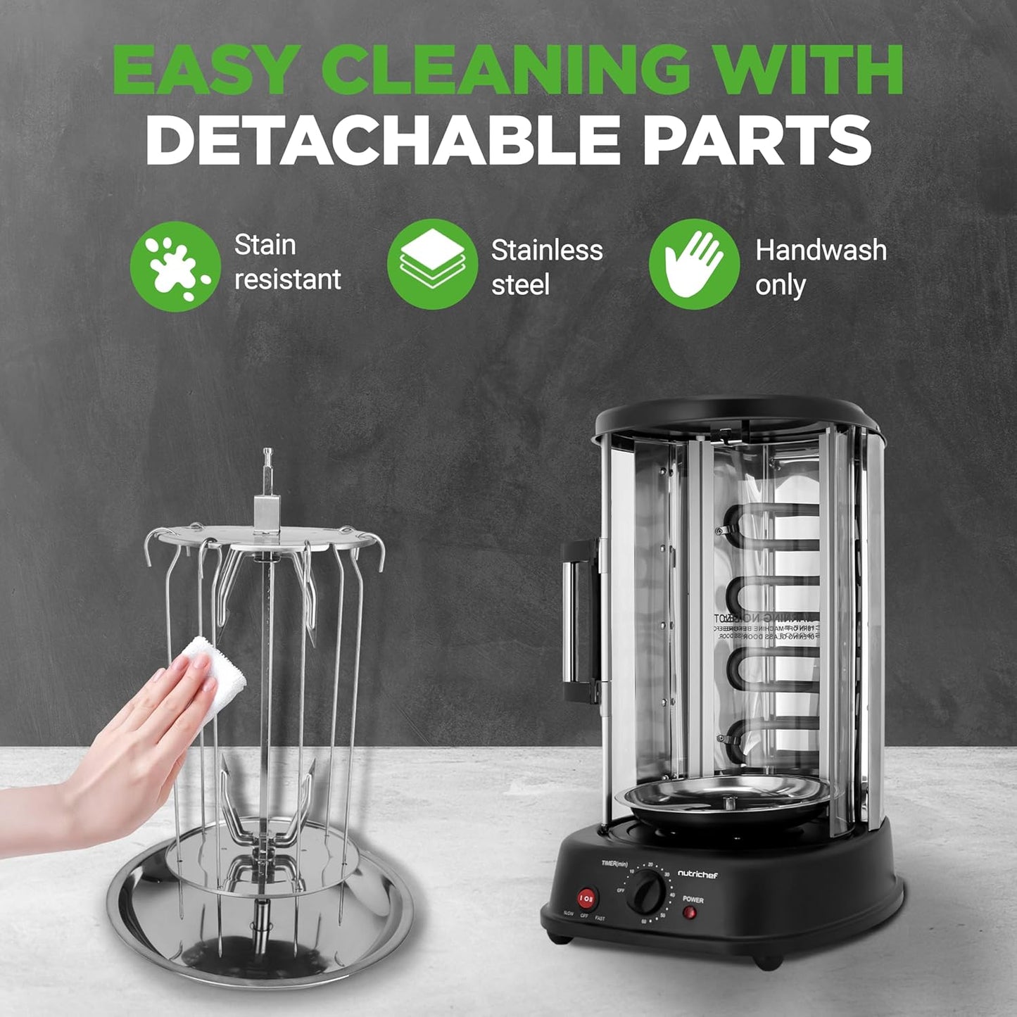 Nutrichef Vertical Rotating Turkey & Shawarma Oven | Rotisserie, Shawarma, & Kebab Machine | Stain-Resistant, Energy-Efficient | Heat-Resistant Door | Includes Kebab Rack & 7 Skewers | Stainless Steel