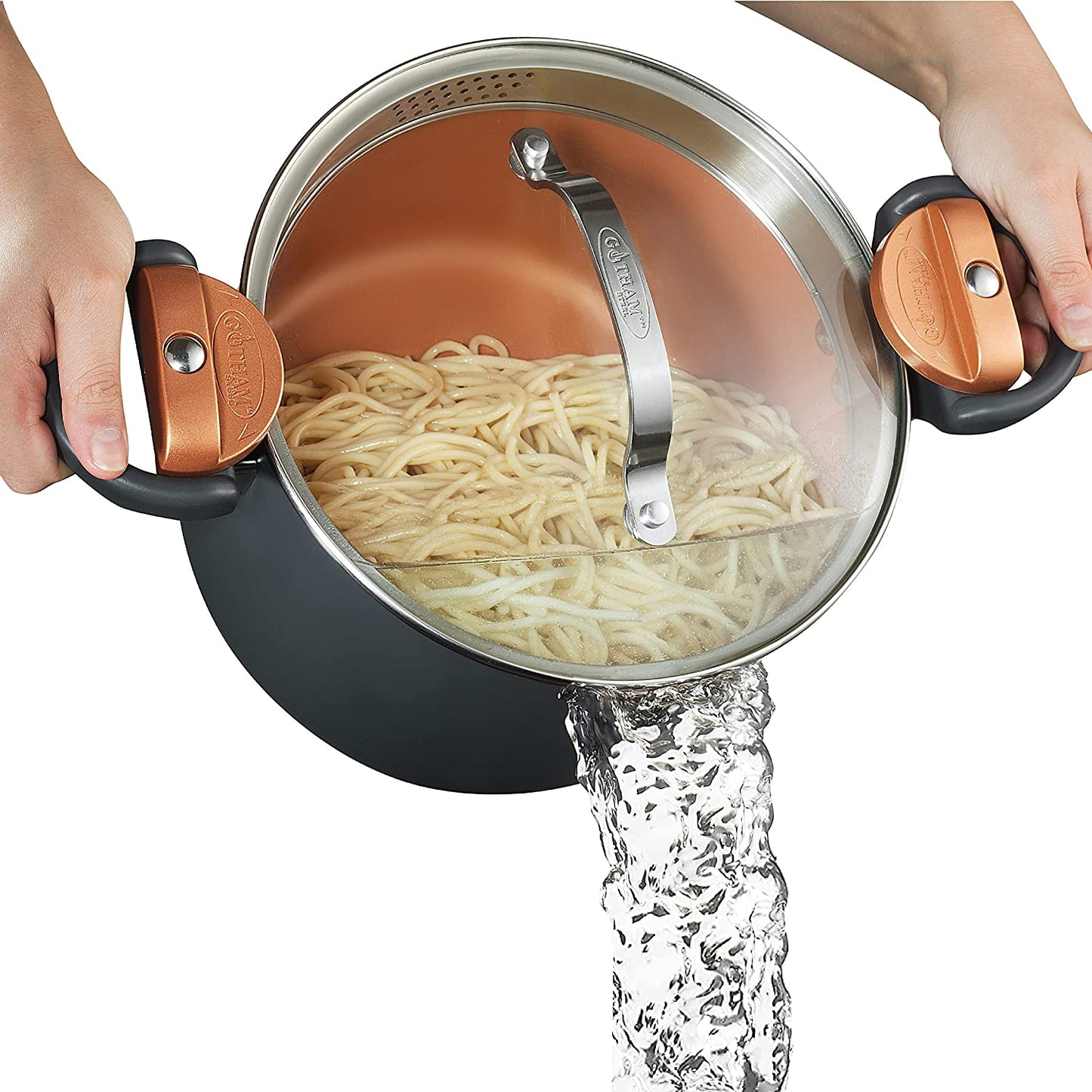 GOTHAM STEEL 5 Qt Ceramic Stock Pot Multipurpose Pasta Pot with Strainer Lid & Twist and Lock Handles, Nonstick Ceramic for Soup, Spaghetti, Rice, Pots for Kitchen, Dishwasher Safe - Copper