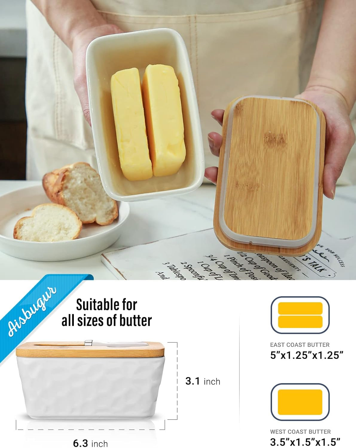 Butter Dish with Lid, Large Butter Dish for Countertop, Ceramic Butter Container with Knife Double Silicone Seal Unique Stone Butter Dishes with Covers for Farmhouse Kitchen Decor Home Decor White