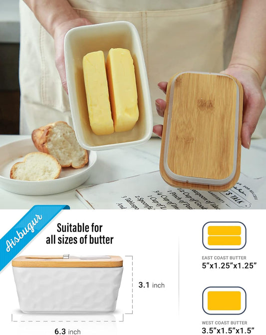 Butter Dish with Lid, Large Butter Dish for Countertop, Ceramic Butter Container with Knife Double Silicone Seal Unique Stone Butter Dishes with Covers for Farmhouse Kitchen Decor Home Decor White