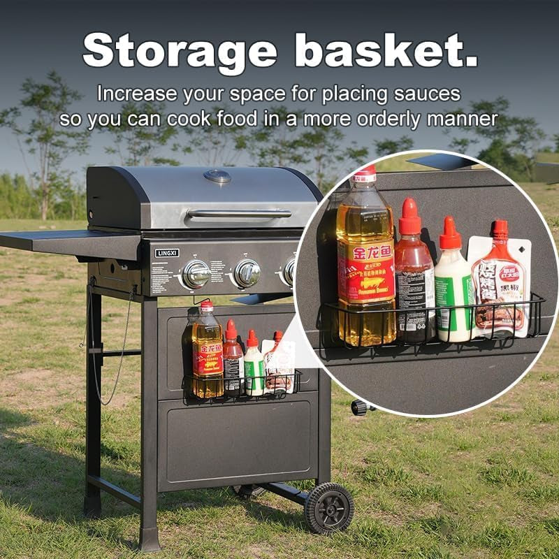 Grill Gas 3-Burner Propane Grill, Gas Grill with Front Hanging Basket, 30000 BTU Barbecue Grill, Grills Outdoor Cooking. Suitable for Backyard, Outdoor, Patio, Garden.Outside Grill.