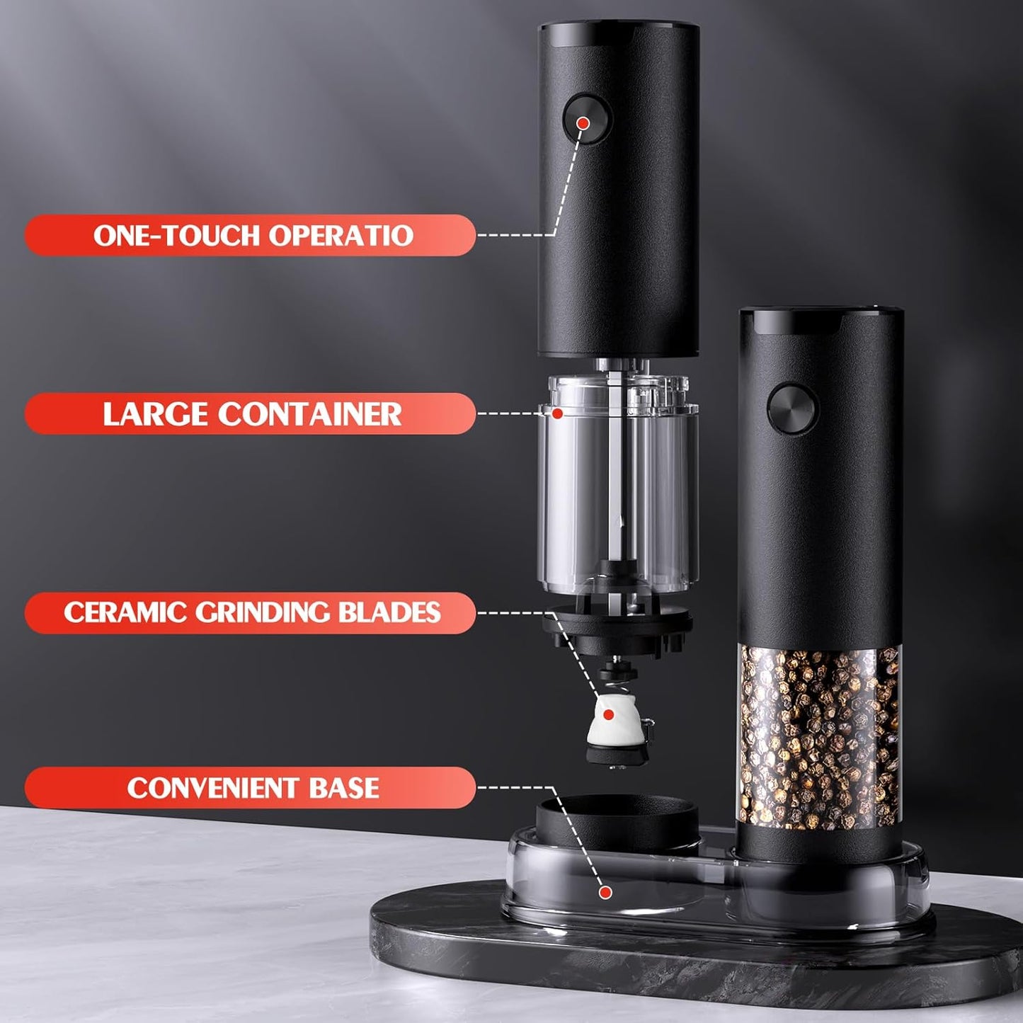 Electric Salt and Pepper Grinder Set Automatic Battery Pepper Mill Shakers Adjustable Coarseness Easy Filling Upgraded Larger Capacity with Led (2 Pack Black/Black)