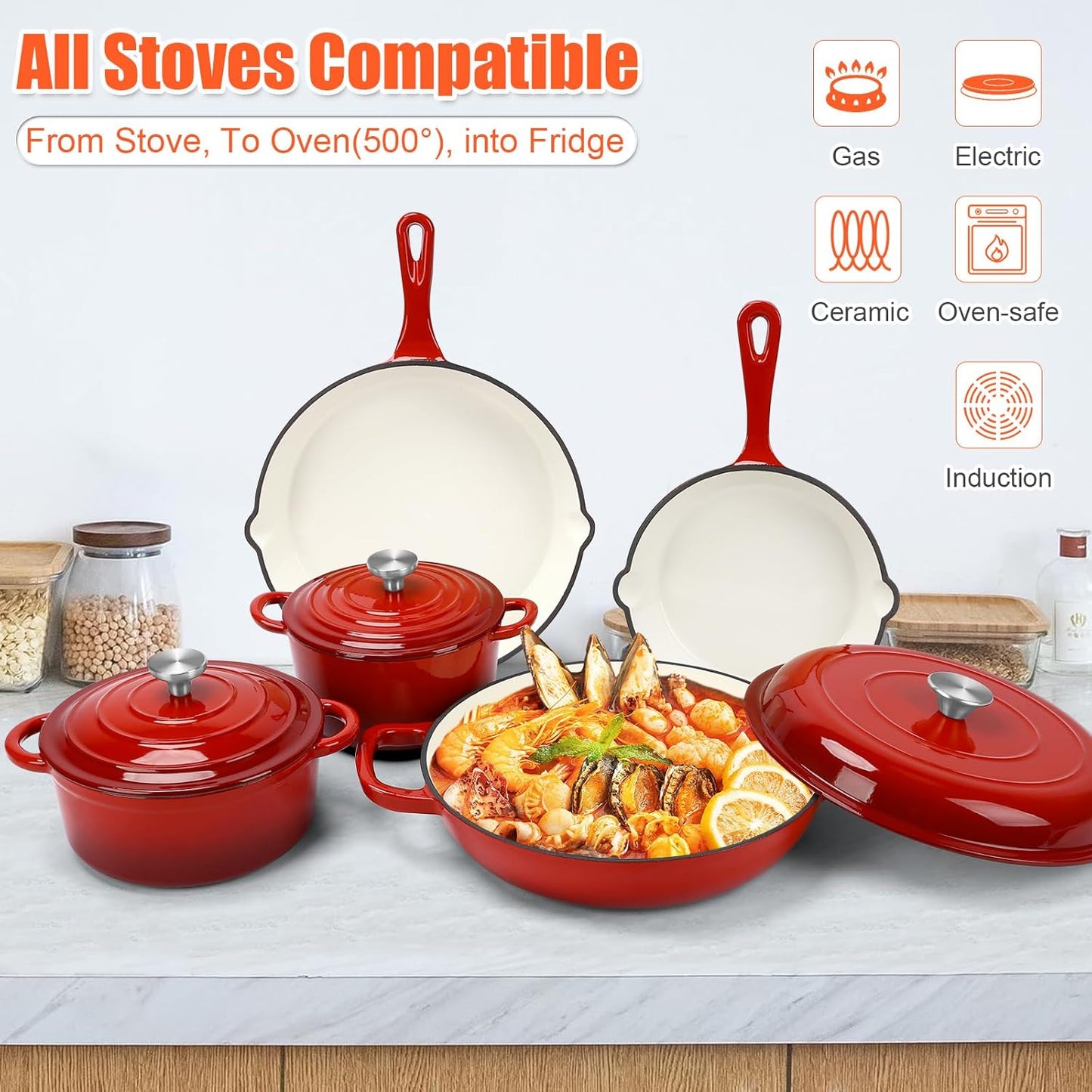 Nonstick Enameled Cast Iron Cookware Set, 8-Pcs Pots and Pans with Lid, Skillet, Frying Pan, Saucepan & Dutch Oven for All Stovetops, PFA Free - Ideal for Sourdough Bread Baking - Comes with Organizer