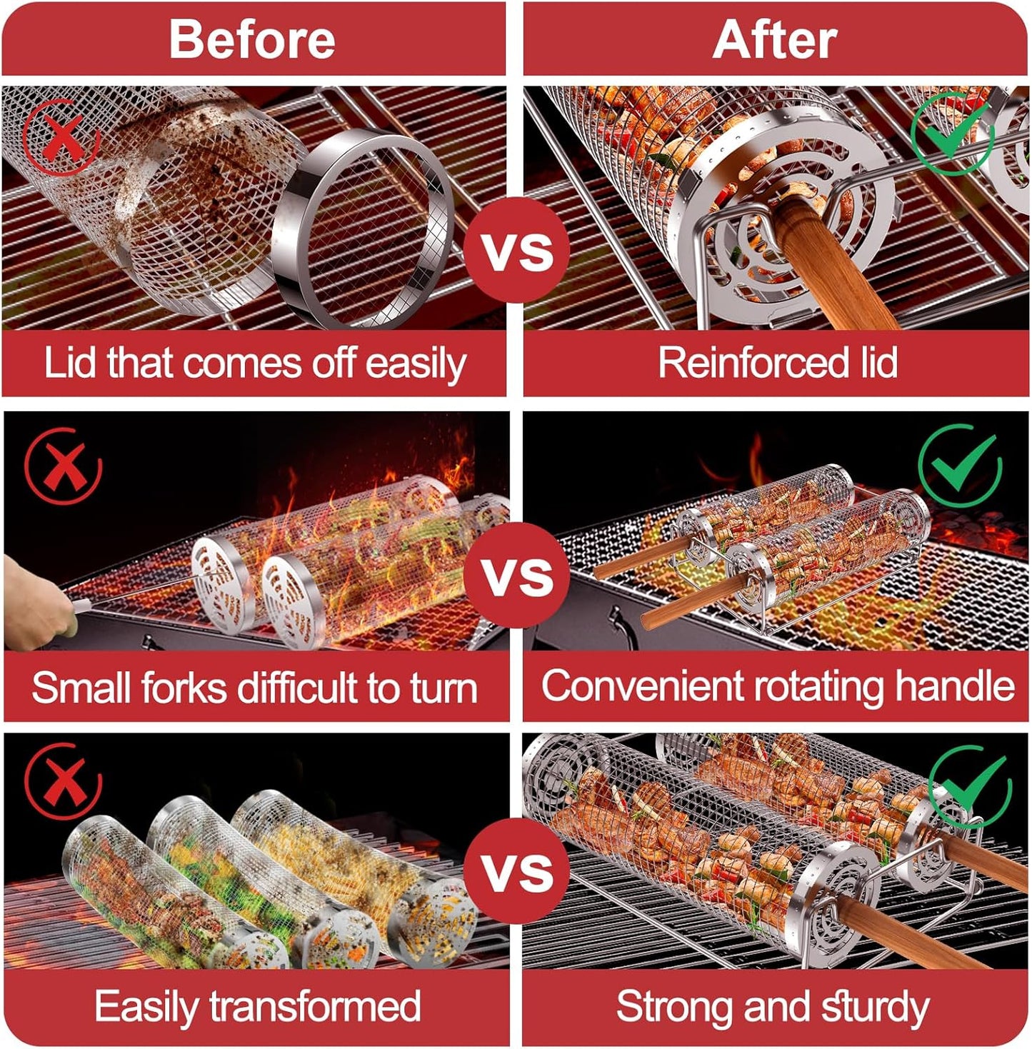 Grill Baskets for Outdoor Grill, Rolling Grill Basket with Removable Wooden Handle & Stand, Stainless Steel Grilling Accessories for Fish, Shrimp, Meat, Vegetables, Fries, Grilling Gifts for Men
