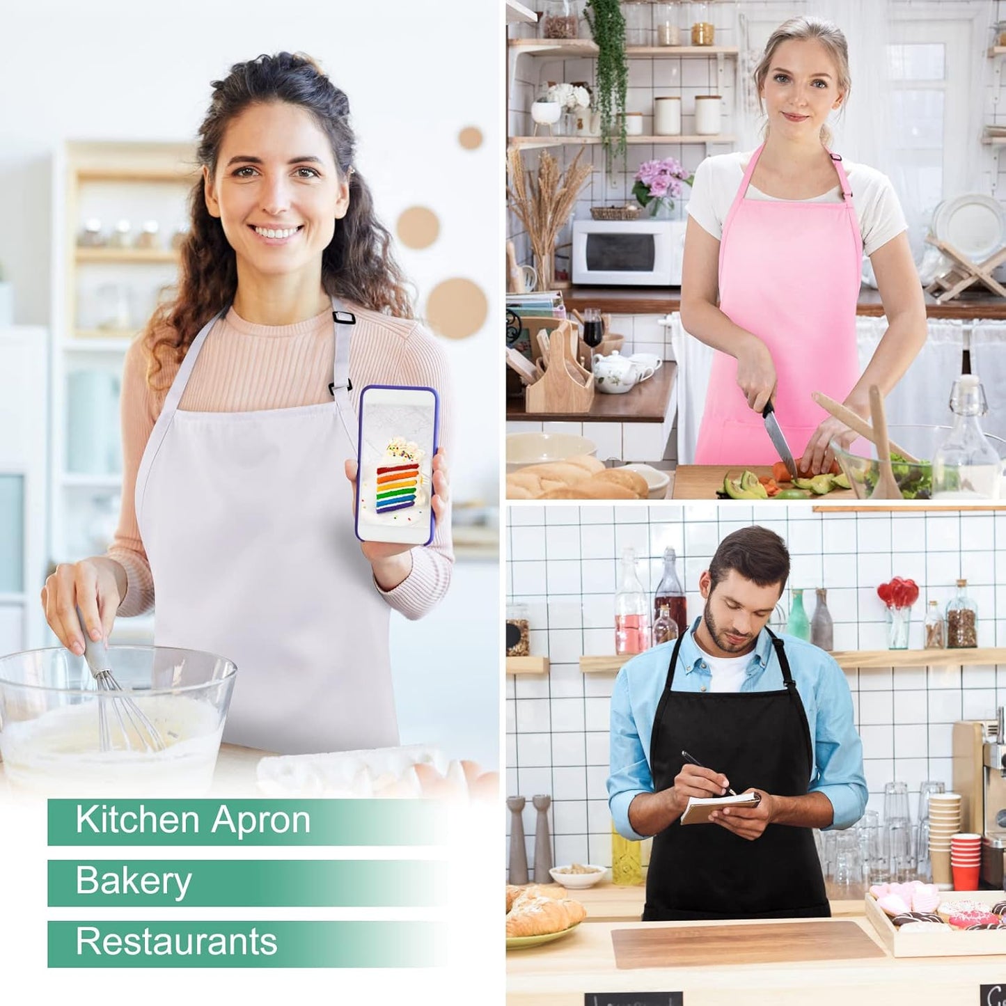Jubatus 2 Pack 3 Pockets Adjustable Bib Apron Chef Kitchen Cooking Aprons for Women Men, Black