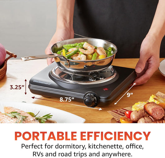 Elite Gourmet ESB100B Countertop Single Coiled Burner Electric Hot Plate, Temperature Control, Indicator Light, Easy to Clean, Black