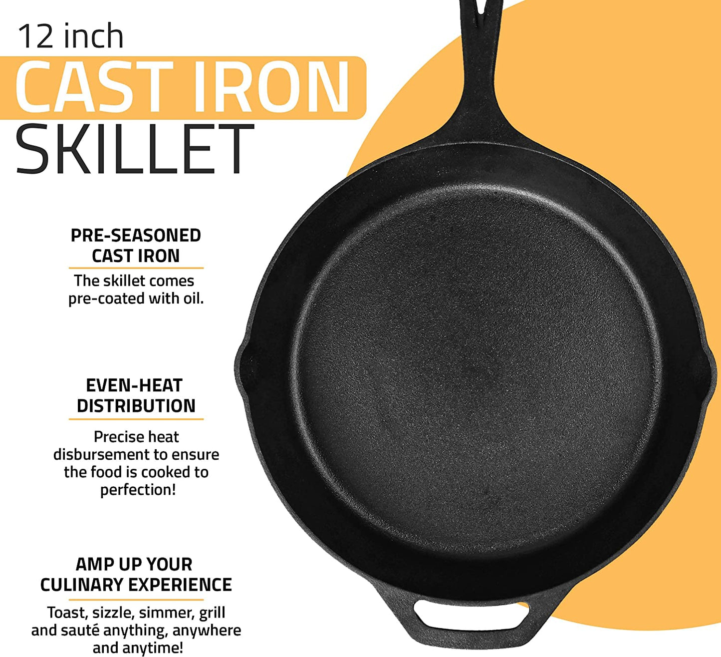 Utopia Kitchen Cast Iron Frying Pan 12 Inch, Cast Iron Chefs Pan, Pre Seasoned Skillet, Safe Grill Cookware for Indoor & Outdoor Use, Black