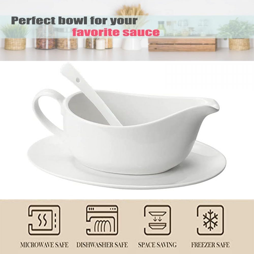 Qlans Gravy Boat with Ladle and Saucer 17 Oz,Ceramic Sauce Boat with Tray for Salad Dressings Milk,Warming Sauces,Creamer,Broth,Black Pepper,White (1 PCS New Gravy Boat with Ladle and Saucer)