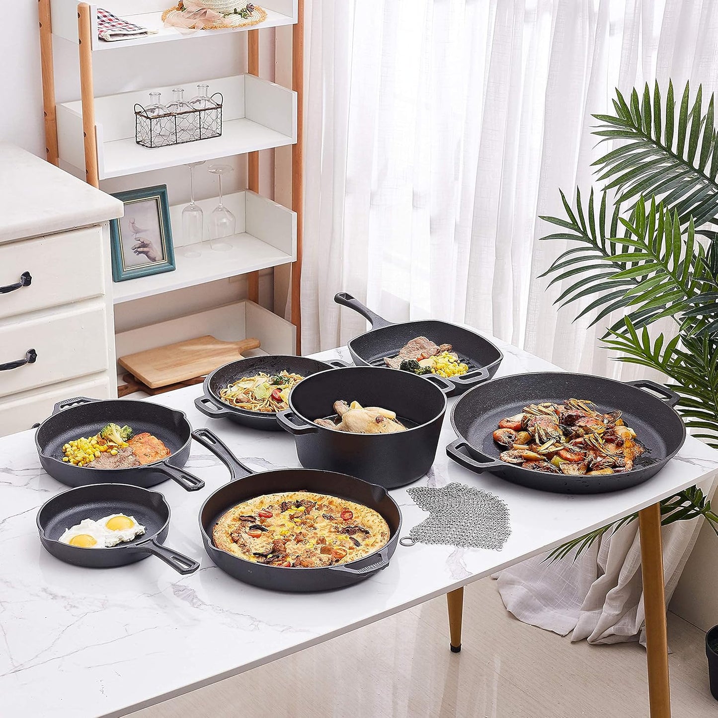 Bruntmor Pre-Seasoned Cast Iron Cookware Set - 8-Piece Bundle with Skillets, Grill Pan, Dutch Oven, Pizza Pan, and Utensils - Durable Pots and Pans Set for Cooking - Ideal Gift for Home or Camping