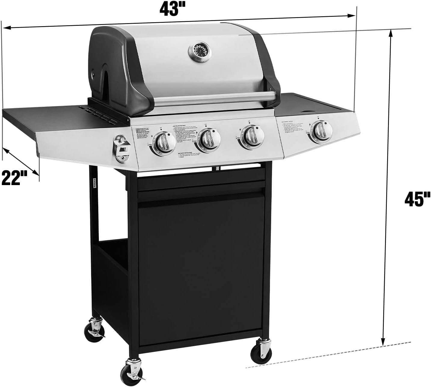 3 Burners Gas Grill with Side Burner, Propane Grill with Wheels and Storage, Outdoor Gas BBQ with Oil Tray and Thermometer for Patio and Party, 37000 BTU