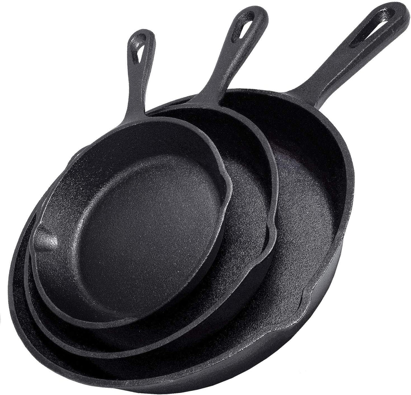 Cast Iron Skillet 3-Piece Set - Heavy-Duty Professional Restaurant Chef Quality Pre-Seasoned Pan Cookware Set - 10", 8", 6" Pans - for Frying, Saute, Cooking, Pizza & More,Black