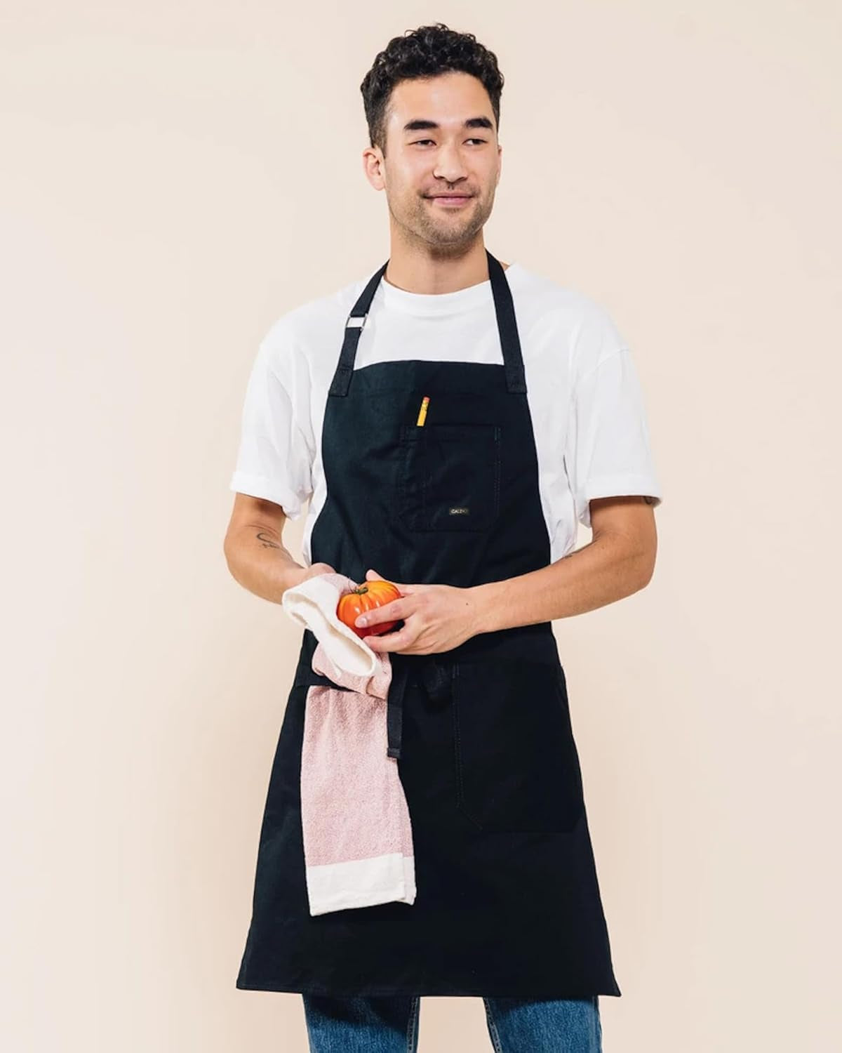 Caldo Daily Cotton Kitchen Apron for Cooking- Mens and Womens Professional Chef or Server Bib Apron - Adjustable Straps with Pockets and Towel Loop (Black)