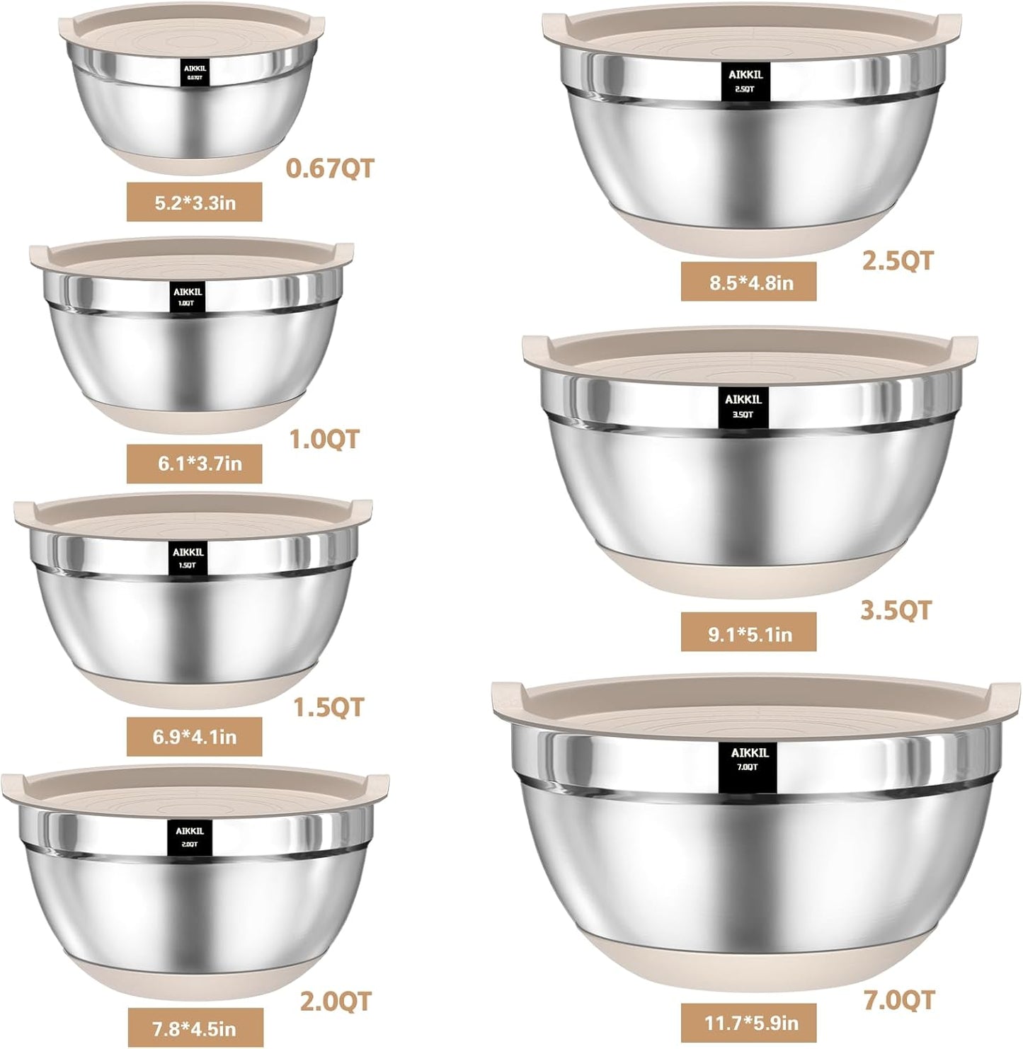Mixing Bowls with Airtight Lids, 20 Piece Stainless Steel Metal Nesting Bowls, Non-Slip Silicone Bottom, Size 7, 3.5, 2.5, 2.0,1.5, 1,0.67QT Great for Mixing, Baking, Serving (Khaki)