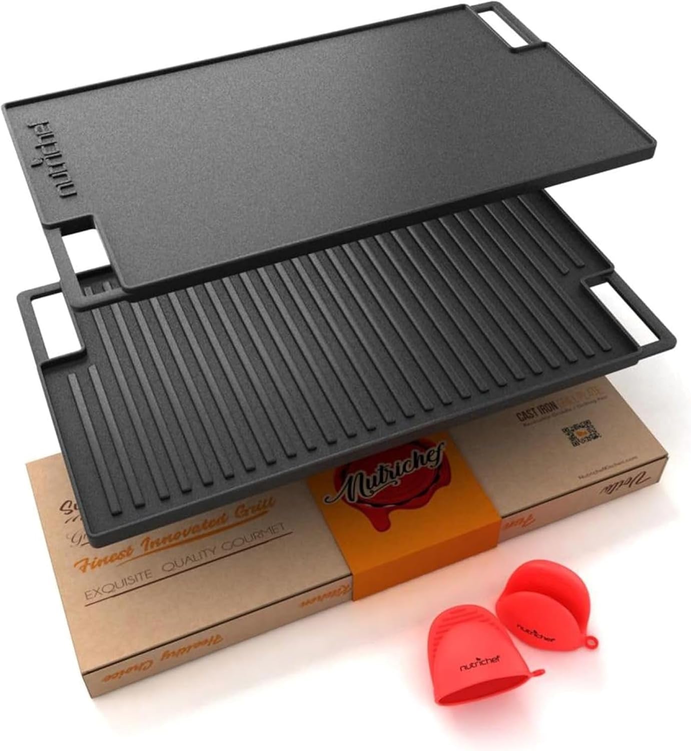 Nutrichef Cast Iron Reversible Grill Plate – 18 Inch Flat & Ridged Skillet Griddle Pan, Fits Two Burners, for Gas, Electric, Ceramic Stovetops, with Silicone Oven Mitt