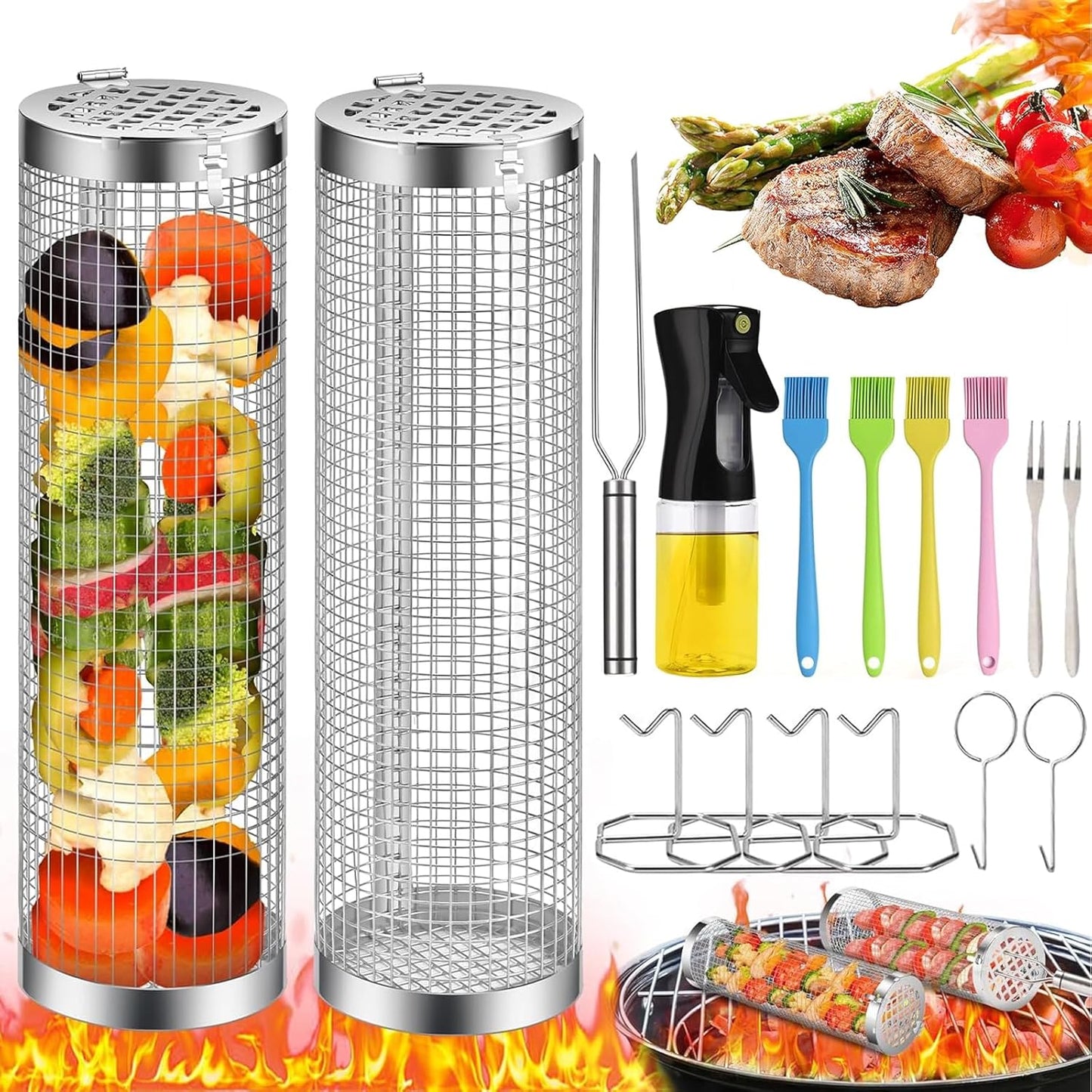 Rolling Grilling Basket, 2 PCS BBQ Grill Basket, Stainless Steel Grill Mesh with Grilling Accessories, Portable Outdoor Camping BBQ Grill Nets Cylinder for Fish, Shrimp, Vegetables, Meat