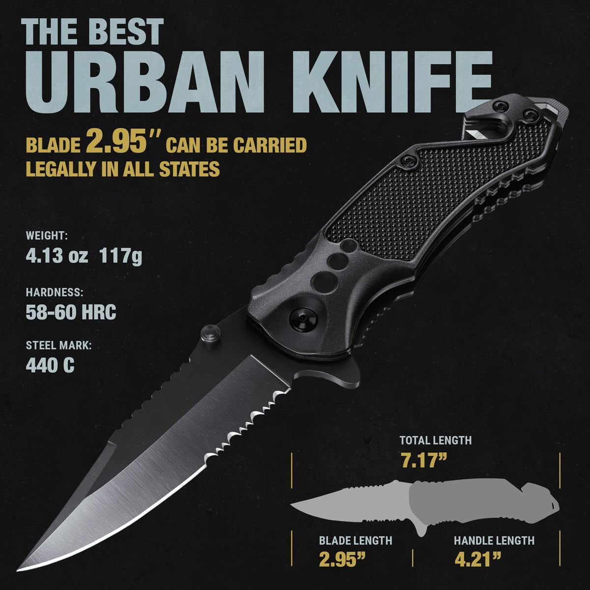 Legal Pocket Knife with 2.95” Serrated Blade, Glass Breaker, Seat Belt Cutter - EDC Sharp Folding Knives with Portable Clip - Small Tool for Tactical Camping Survival Hiking - Gifts for Men, Women