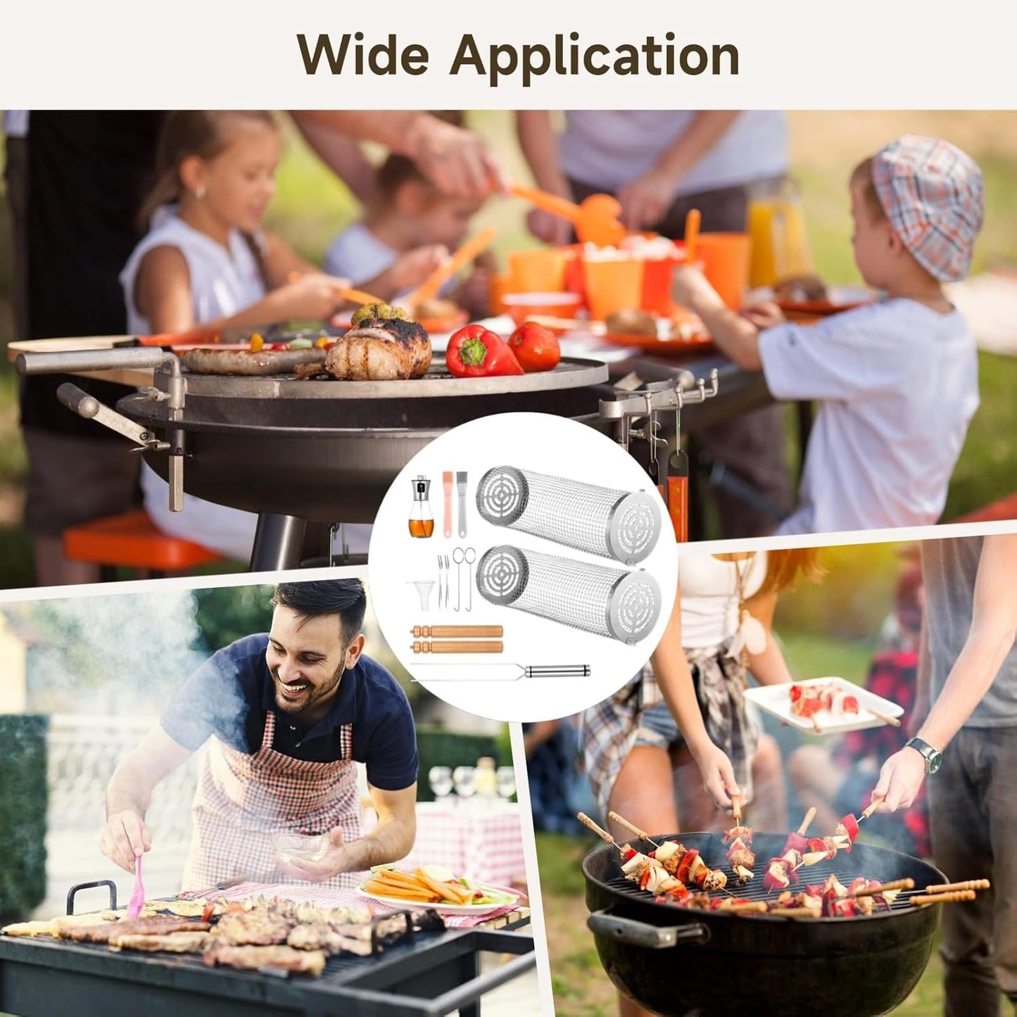 2 PCS Rolling Grilling Baskets for Outdoor Grill BBQ, Stainless Steel Cylinder Grill Mesh Barbeque Grill Accessories, Outdoor round BBQ Stainless Steel Grill Basket Campfire Grill Grid