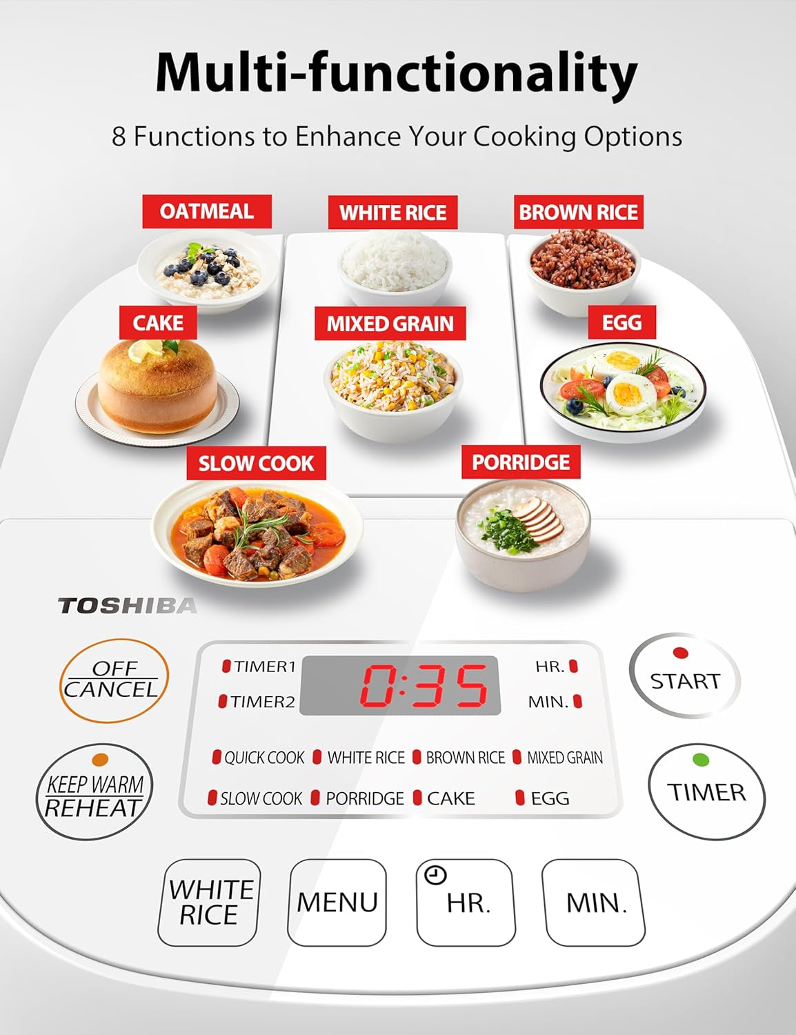 Toshiba Mini Rice Cooker, 3 Cups Uncooked Small Rice Cooker, Steamer & Warmer, with Fuzzy Logic and One-Touch Cooking, 24 Hour Delay Timer and Auto Keep Warm Feature, White