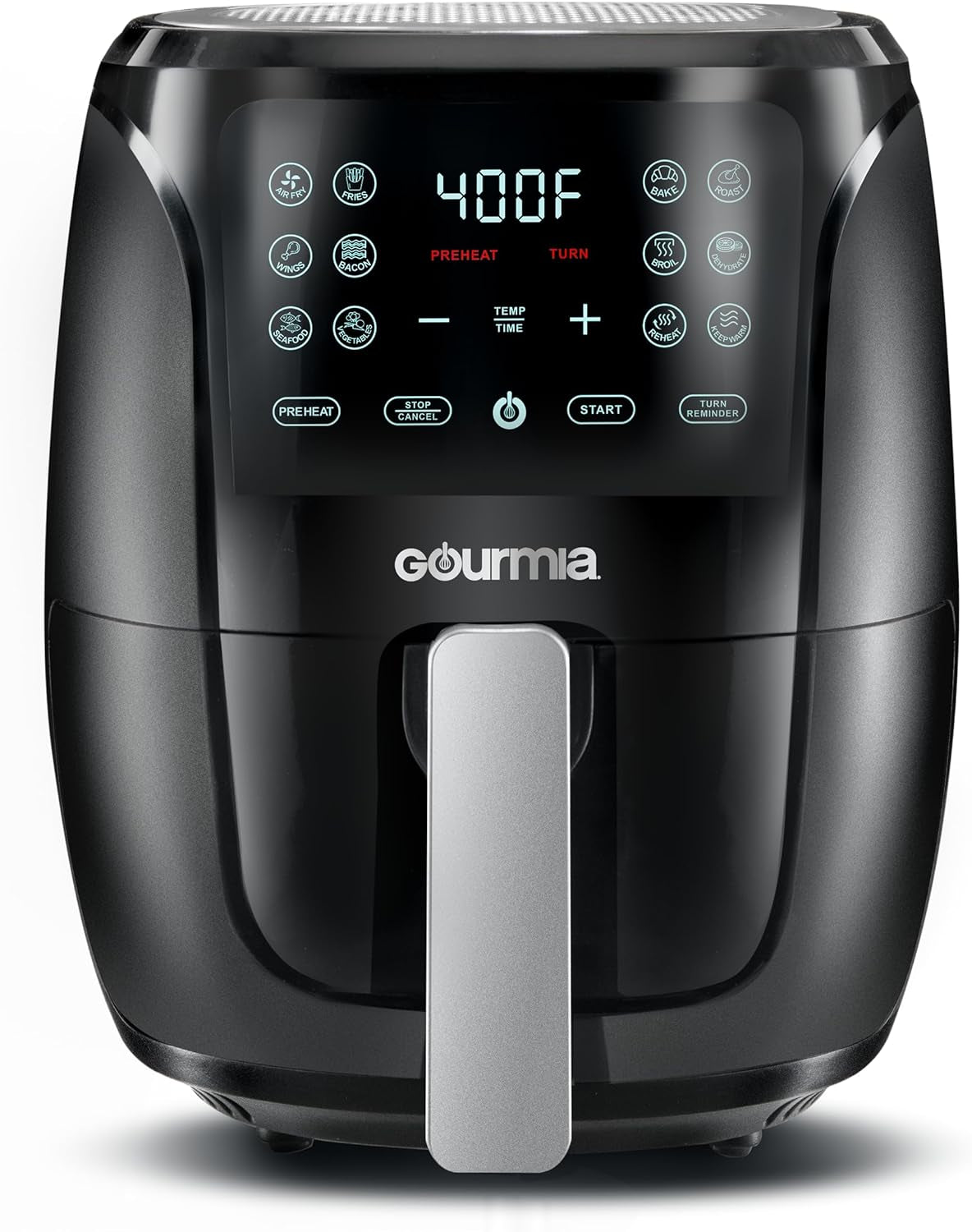 Gourmia Air Fryer Oven Digital Display 4 Quart Large Airfryer Cooker 12 1-Touch Cooking Presets, Black and Stainless Steel Accents Fry Force GAF486