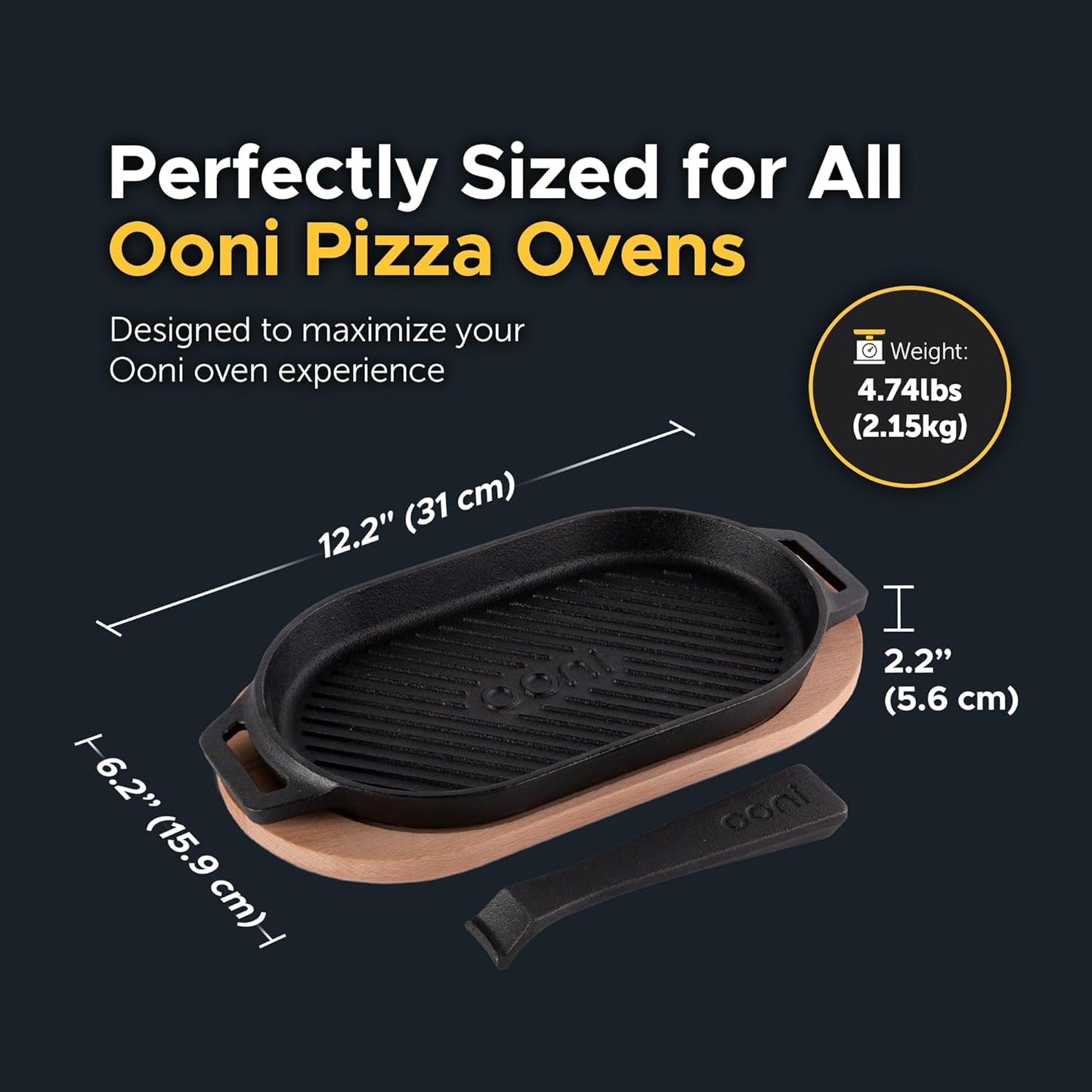 Ooni Cast Iron Grizzler Pan - Grill Frying Pan, 12" X 6" Griddle Plate with Removable Handle and Bamboo Trivet, Pre-Seasoned Non-Stick Oven Safe Cookware, Pizza Oven and BBQ Accessories