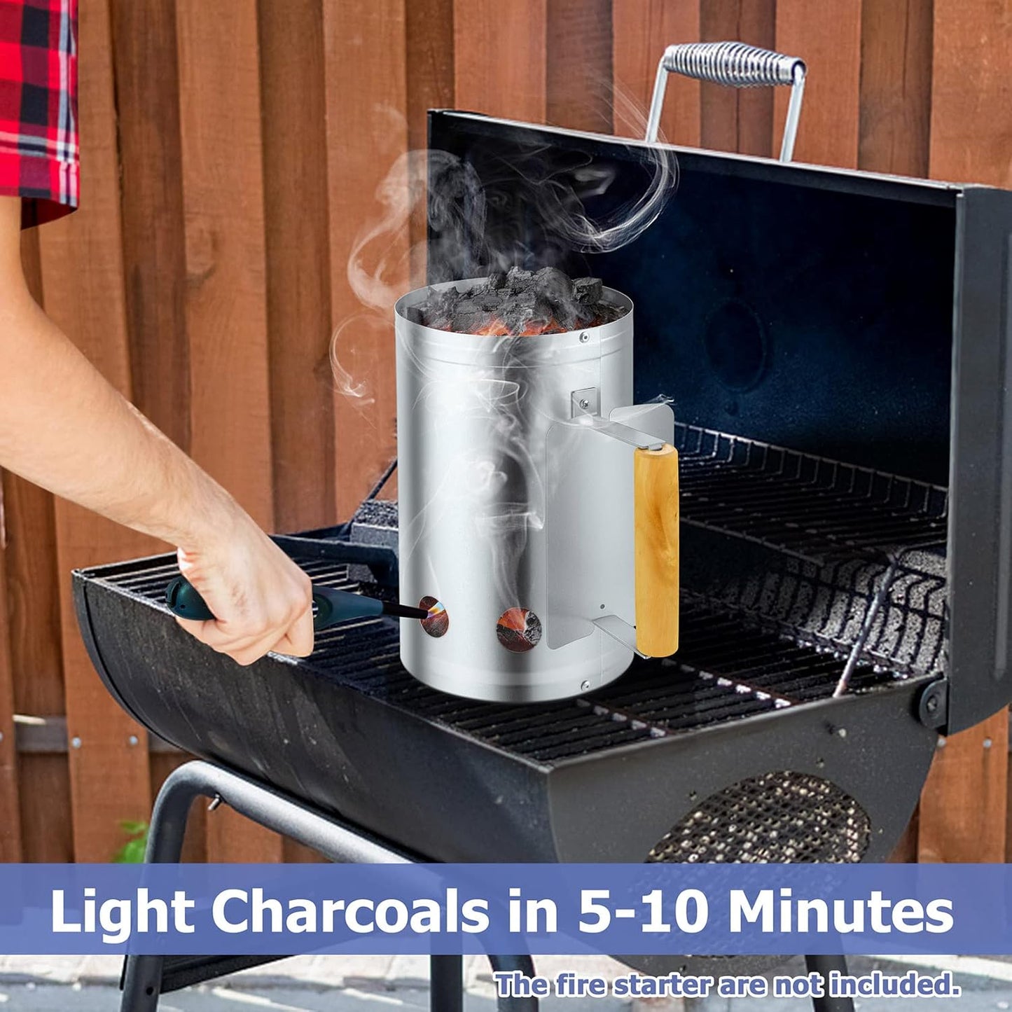 Joyfair Charcoal Chimney Starter with Clamp Set, Portable BBQ Grill Fire Starter for Outdoor Camping/Grilling/Cooking, Heavy Duty & Air Inlet Design, Heat Shield & Wooden Handle, plus Screwdriver
